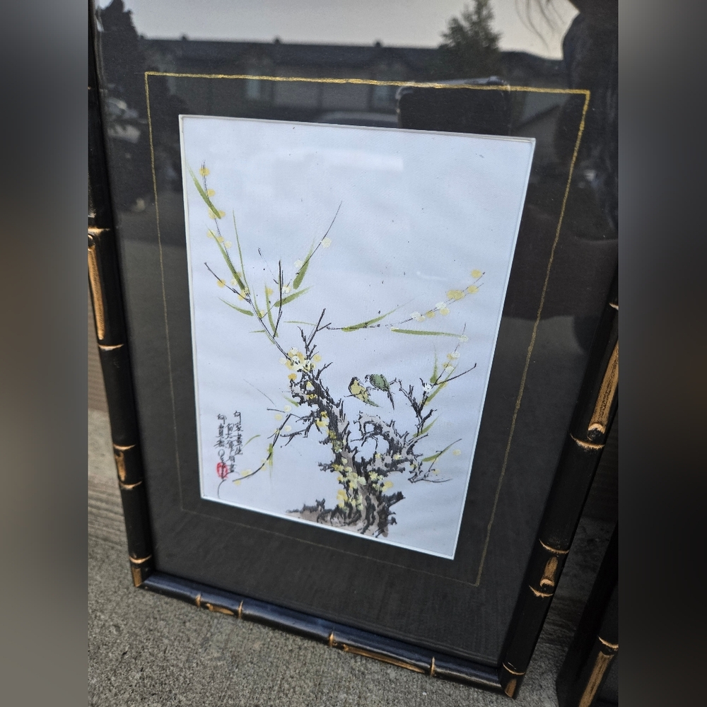 Two Original Art Paintings Asian Birds on Branches Vintage Bamboo Frame Upcycled - Picture 3 of 10